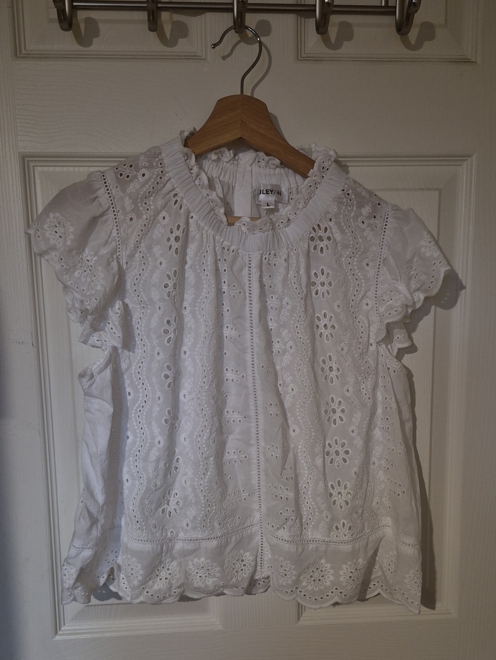 Bailey 44 White Eyelet Flutter Sleeve Smocked Peplum Blouse - L